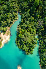 Aerial view of Khao Sok national park, in Cheow lan lake, Surat Thani, Thailand