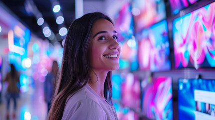 Young Female Shopper Having Conversation with Electronics Store Sales Rep. Stylish Lady Explores Sleek Flat-Screen TV Options. Customer Seeking Impressive Television Solutions in Retail Store.