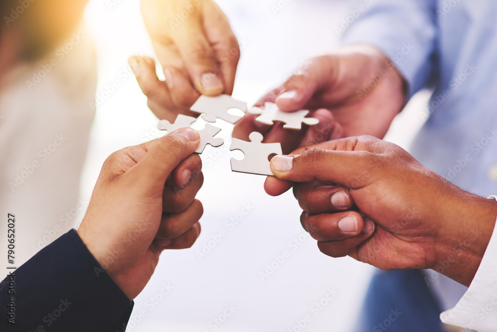 Aufkleber diversity, business and hands of people with puzzle for unity or collaboration with joint effort for