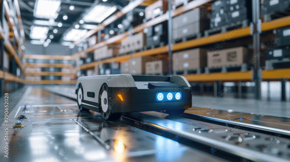 Poster a robotic car is seen in motion on a conveyor belt inside a warehouse, part of an automated system f