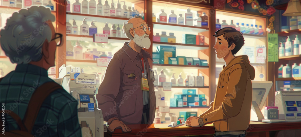 Poster a man is standing in front of a counter in a store, looking at the items displayed. the store is wel