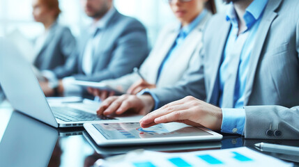 Fototapeta premium Image of multiracial businessperson pointing at document in touchpad at business meeting