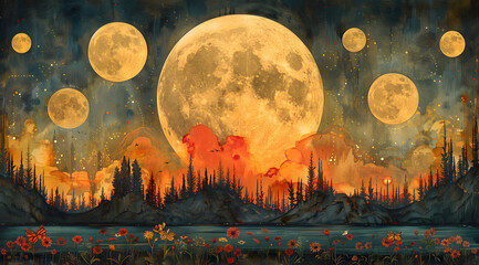 Nocturnal Evolution: Watercolor Sequence of Lunar Phases and Changing Nighttime Glow