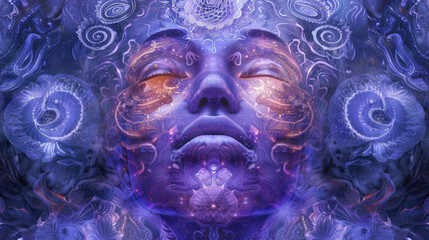 A serene female face emerges from a swirl of intricate purple patterns, suggesting a deep meditative or dream state