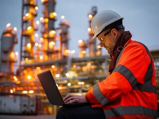 Engineer in safety gear using a laptop with illuminated refinery in the background.