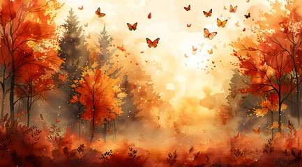 Obraz na płótnie Canvas Sunset Symphony: Watercolor Capture of Autumnal Colors and Lengthening Shadows
