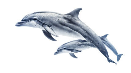 Two dolphins gliding underwater, isolated on a white background.