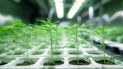 Young cannabis plants growing in a tray under artificial lights.