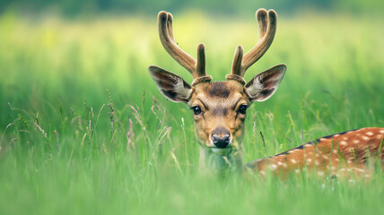 A spotted deer with velvet antlers peering through a lush green meadow.