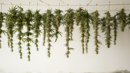 Cannabis branches hanging to dry on a string against a white background.