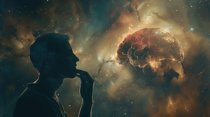 A silhouette of a person deep in thought against a striking cosmic background, highlighting a sense of wonder