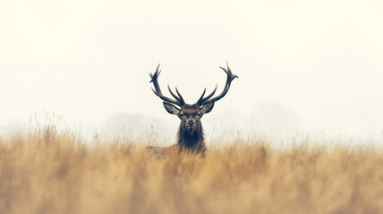 Majestic stag with large antlers standing in golden tall grass.