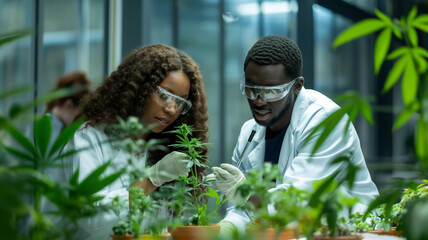 Two scientists examining cannabis plants in a laboratory environment.