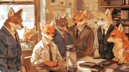A group of foxes sitting closely together at a table, looking alert and attentive