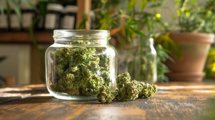 Cannabis buds in a clear jar on a wooden surface with plants in the background. - obrazy, fototapety, plakaty