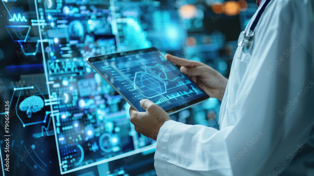 Poster a man in a lab coat is seen using a tablet to analyze data or research information