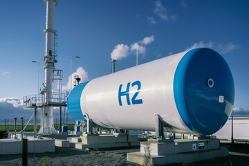 Premium Photo | Hydrogen power plant h2 fuel storage tank with power plant background sustainable energy