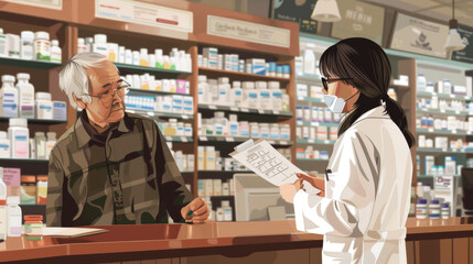 A man and woman are standing at a pharmacy counter, discussing medication or picking up a prescription