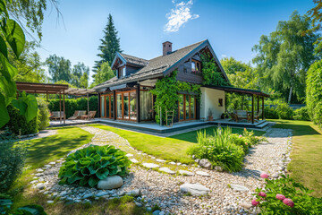Garden with naturalistic design yard, green lawn with flowers, summer retreat house - 790652855