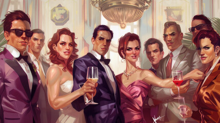 A sophisticated group dressed in formal attire enjoys a toast with champagne glasses at an opulent gala featuring luxurious decorations