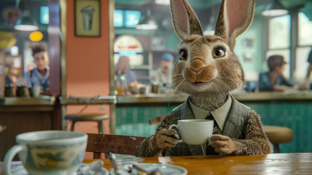 A rabbit is seated at a table, beside a cup of coffee
