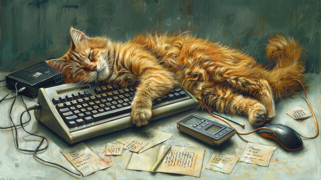 A painting featuring a cat comfortably sleeping on top of a computer keyboard