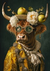 portrait of a  highland cow, Style fashion with vintage, glasses and stylish clothes and luxury necklace of jeweleries, hat consisting of white peonies, apples