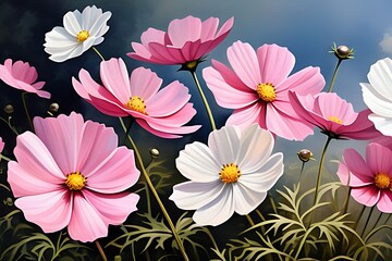 Picture of a light pink cosmos flower. Blooming flowers and delicate petals on a calm blue background.