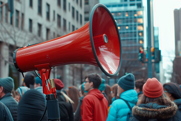 A close-up of a red megaphone against a blurred crowd of people in an urban setting, symbolizing public address and communication. - obrazy, fototapety, plakaty