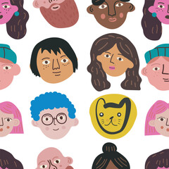 Portraits of various man and women. Hand drawn illustration. Seamless pattern 