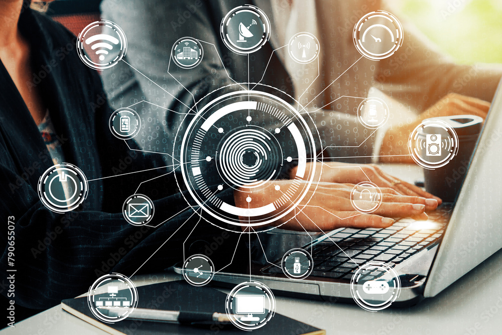 Poster multimedia and computer applications concept. business people using technology of digital gadget wit