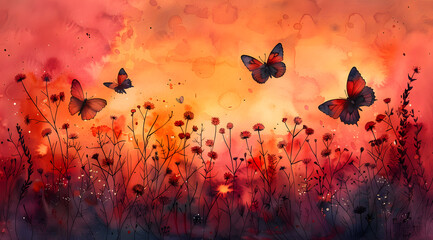 Sunset Sonata: Watercolor Melody of Reddish Hues, Butterflies, and Floral Farewell