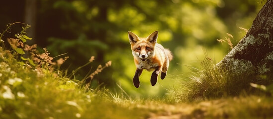 Red Fox jump hunting, Vulpes vulpes - obrazy, fototapety, plakaty
