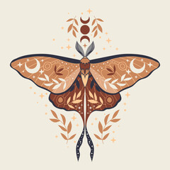 Boho butterfly vector illustration. Natural tones. Esoteric alchemy symbol. Design for poster, card, t shirt print, tattoo.