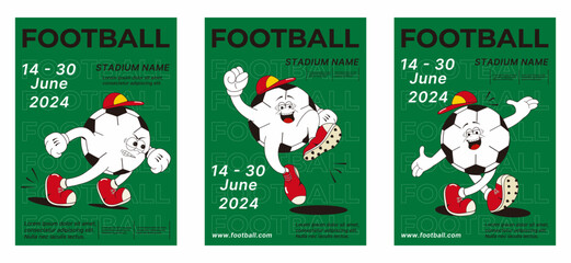 A set of posters. A cartoon soccer ball with different emotions and poses. Bright sports palette: green, red, white, black. Vector illustration.