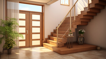 white railing stairs in an empty hallway, with wooden handle new house interior ,interior of modern living room with wooden stairs  ,Wooden stairs leading to the window