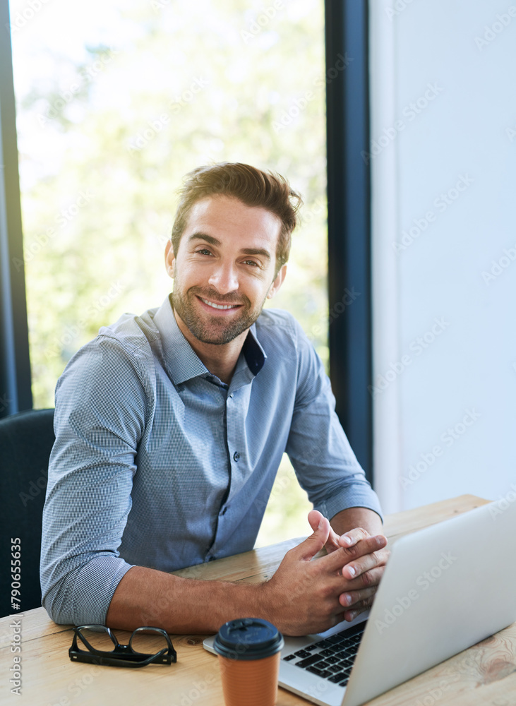 Poster portrait, business man and smile with laptop in desk at office in startup company as architect. entr