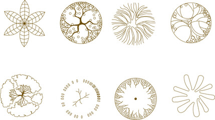 Vector sketch illustration of tree and plant designs seen from above to complete the layout and site plan drawings