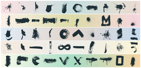 Big collection Grunge black design elements paint roller, brush strokes. Dirty artistic vector paint brush stroke, ink splash and grungy decoration elements. Vector illustration. Freehand drawing.