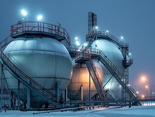 Illuminated gas storage tanks and structures with staircases against a dusk sky, highlighting energy infrastructure.
