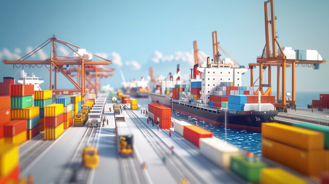 3D render minimal style complex transportation port cargo sea  and land modes of transport converge near an urban cityscape with city environment concept.