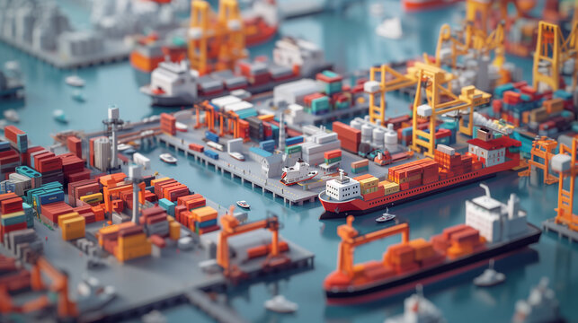3D render minimal style complex transportation port cargo sea  and land modes of transport converge near an urban cityscape with city environment concept.