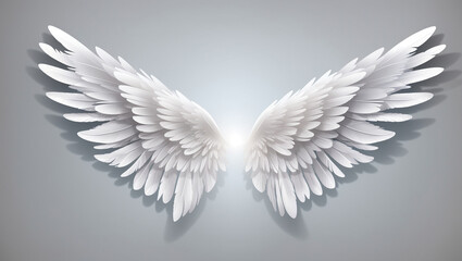 A pair of white angel wings are spread out against a gray background

