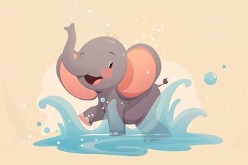 Happy elephant play water flat cartoon