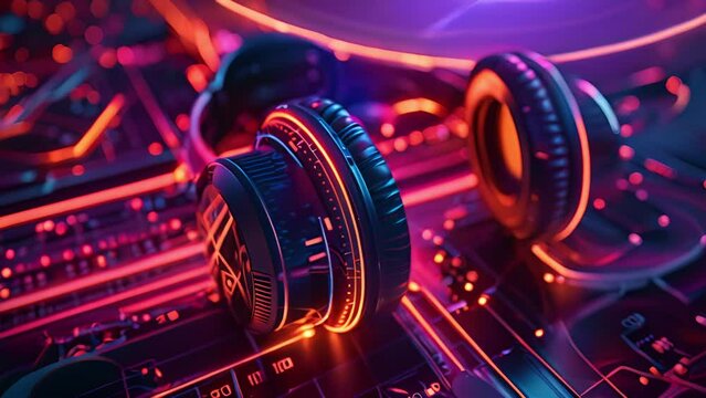 Futuristic, headphones and streaming music with neon light, electronic and technology with audio. Cyber, headset and equipment for dj, future and listening to sound, podcast and radio with connection