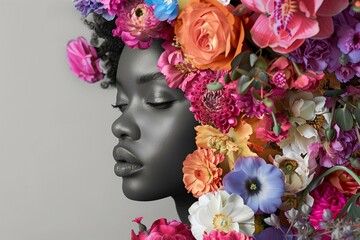Artistic Portrait of Woman with Vibrant Floral Arrangement