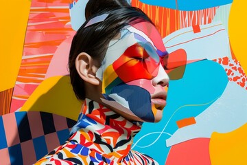 Vibrant Fashion Portrait with Modern Artistic Makeup and Graphic Background