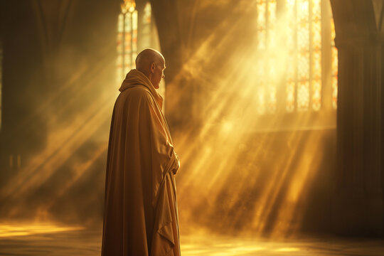 christian catholic monk or friar praying in the abbey at the window, spirituality and faith