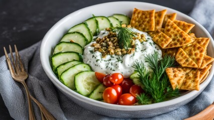 Yogurt with cucumbers, dill and chips from lavash Zaatar.