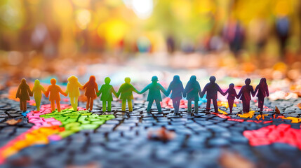 Obraz premium Multi-ratial people holding hands around the world to show care for the earth, peace, and unity Business World Worldwide Continent Marketing Concept. Travel the world monument concept. travel around 